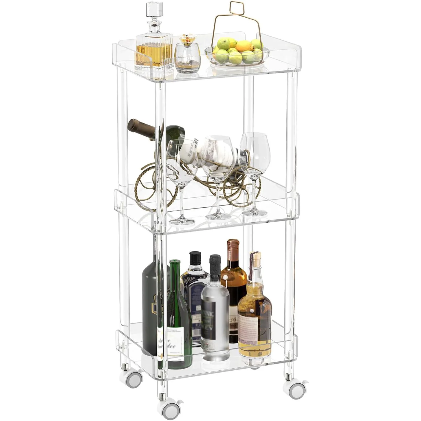 Modern 3 Tier Home Serving Trolley Cart Clear Drink Cart Acrylic Bar Cart with 4 Rolling Wheels for Kitchen Living Room