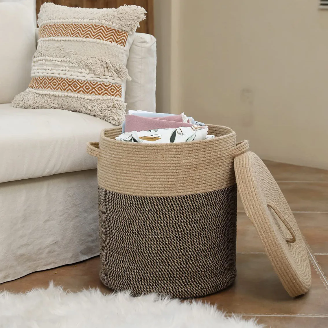 Large Cotton Rope Woven Laundry Basket Decorative Basket For Blankets