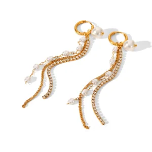 MW New Stainless Steel Earrings with Pearl and Zircon Chains Tassel Earrings t Luxury Long Earrings Versatile Accessory