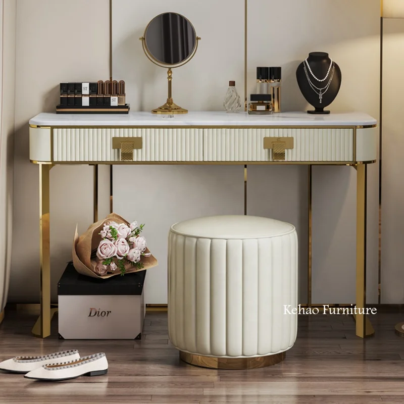 gold and white dressing table Modern Vanity Set with Mirror, Gold & White Dresser Table Set and Butt –  Decobuys main image 1