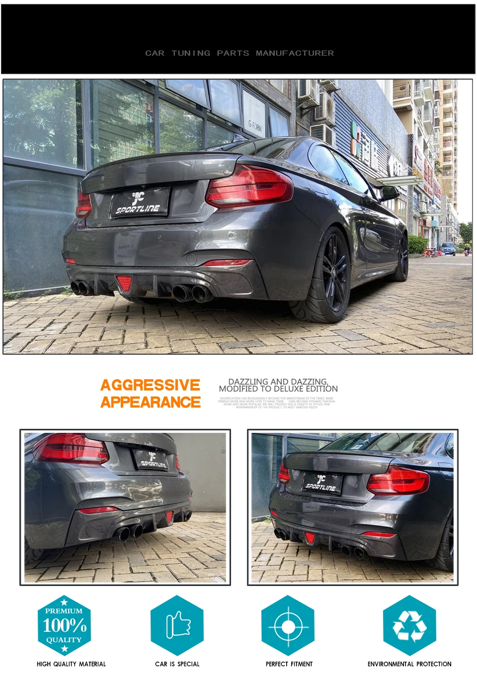 カーボンファイバーf22リアバンパーリップクワッドパイプbmw m235i