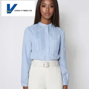 Spring Vintage Women's Cotton Shirt Blue Stand Collar Long Retro French Accordion Pleat Puff Sleeves Loose Fit