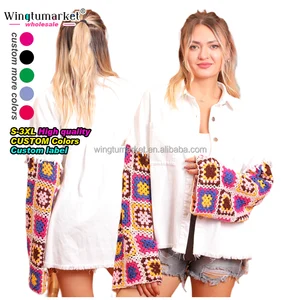 Wholesale Custom Distressed Jackets Checked Drop Shoulder Shirt Coat Shacket Crochet Bohemia Jean Denim Jacket for Women