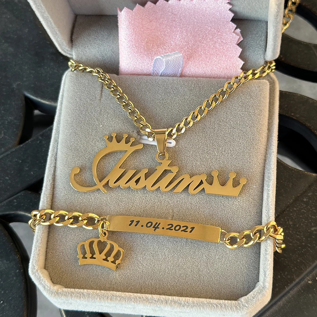 Initial Crown Name Necklace Stainless Steel Carved Date Children's Bracelet  Custom Jewelry Set