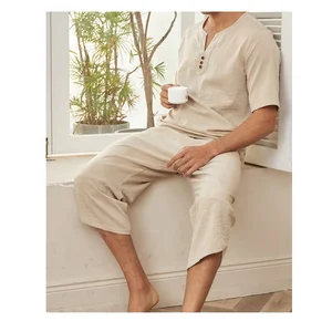 Custom Solid Color O-Neck Cotton Linen Breathable Short Sleeve Suit for Men Two Piece Beach Casual Men Suits