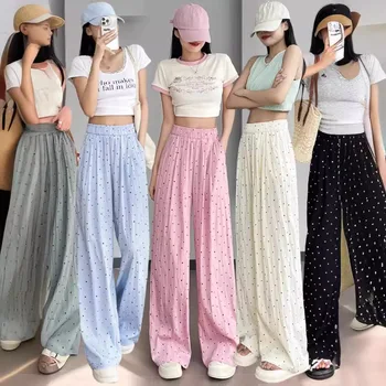 Comfortable Slacks Casual Lightweight Trousers Polka Dot Wide-Leg