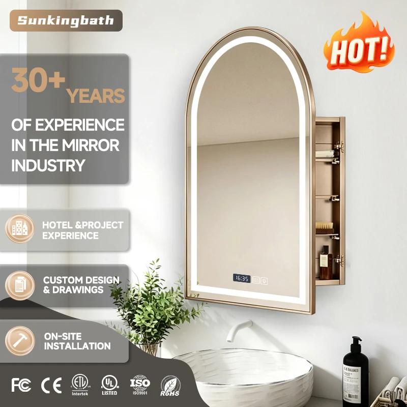 Arch LED Mirror Cabinet with Shaver Socket Anti-Fog Backlit Wall Mounted Arched Bathroom Storage Cabinet for Luxury Hotel Home