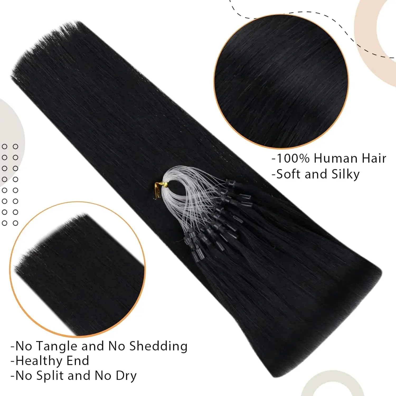 Micro Loop Echthaar-Extensions, Micro Ring Fish Line Link Haarverlängerungen, Kaltfusion Remy-Haar für Frauen, Farbe Nr. 1B, 16-26 Zoll_voghion.com
