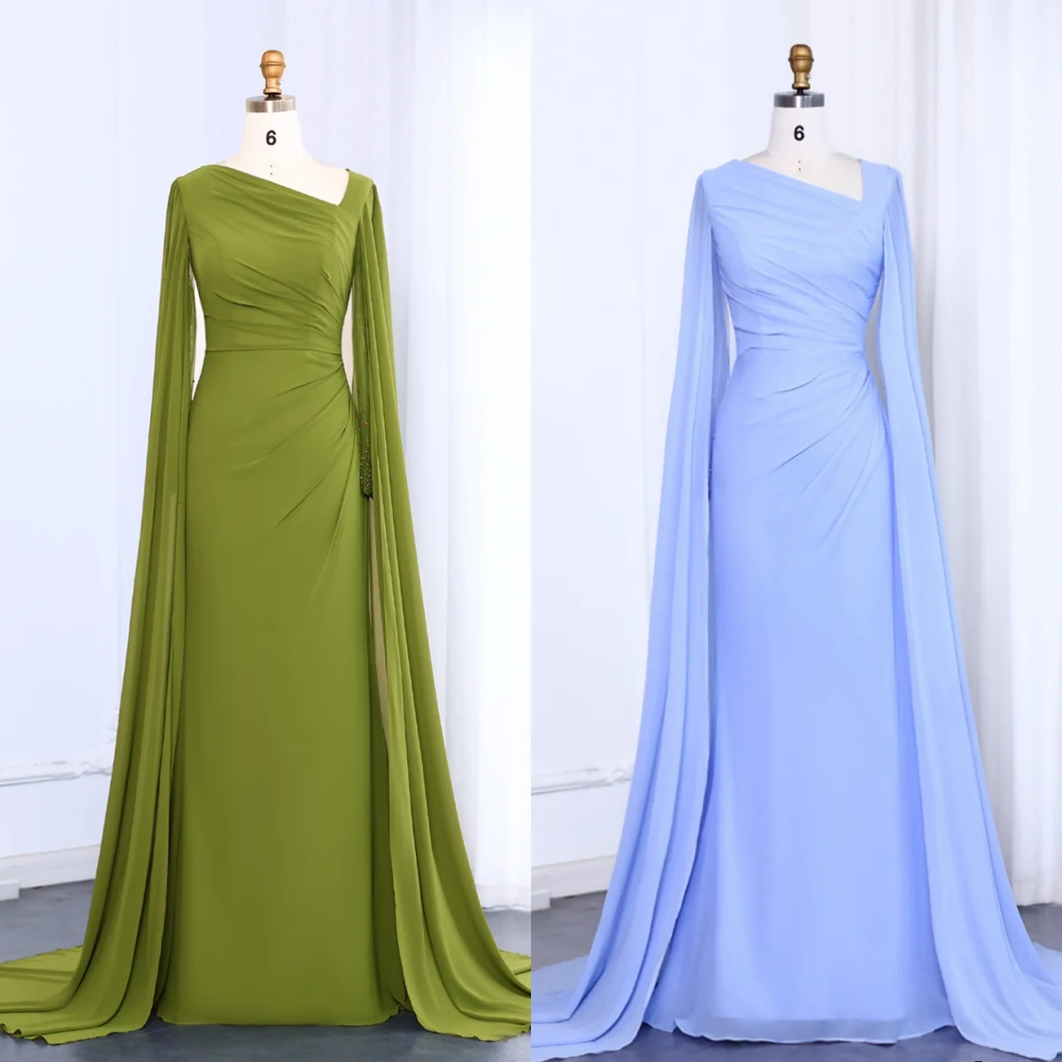 Sharon Said SF051 Asymmetrical Sage Green Chiffon Evening Dress with Cape  Sleeve for Women's Wedding & Events