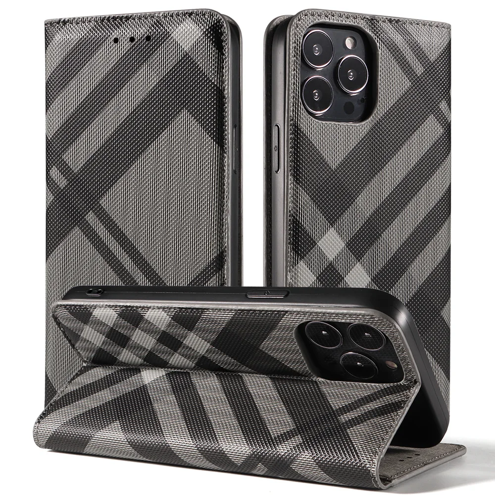 product customize card holder magnet flip wallet lattice pu leather cell phone case for iphone 17 16 pro max 15 14 protective cover-3