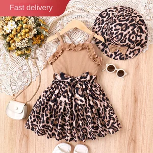 Brown Halter Frilly Stitched Leopard Print Dress with Hat for Girls Summer Baby Infant Toddler Tank Dress Clothes for Kids