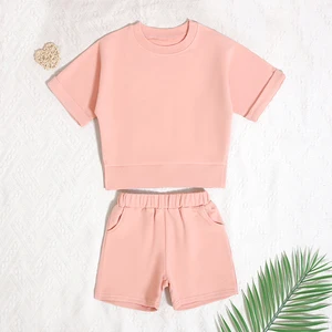 Popular Hot Selling Summer Baby Clothing Solid Color Short Sleeves and Elastic Waistband Shorts Children Two Piece Clothing Set
