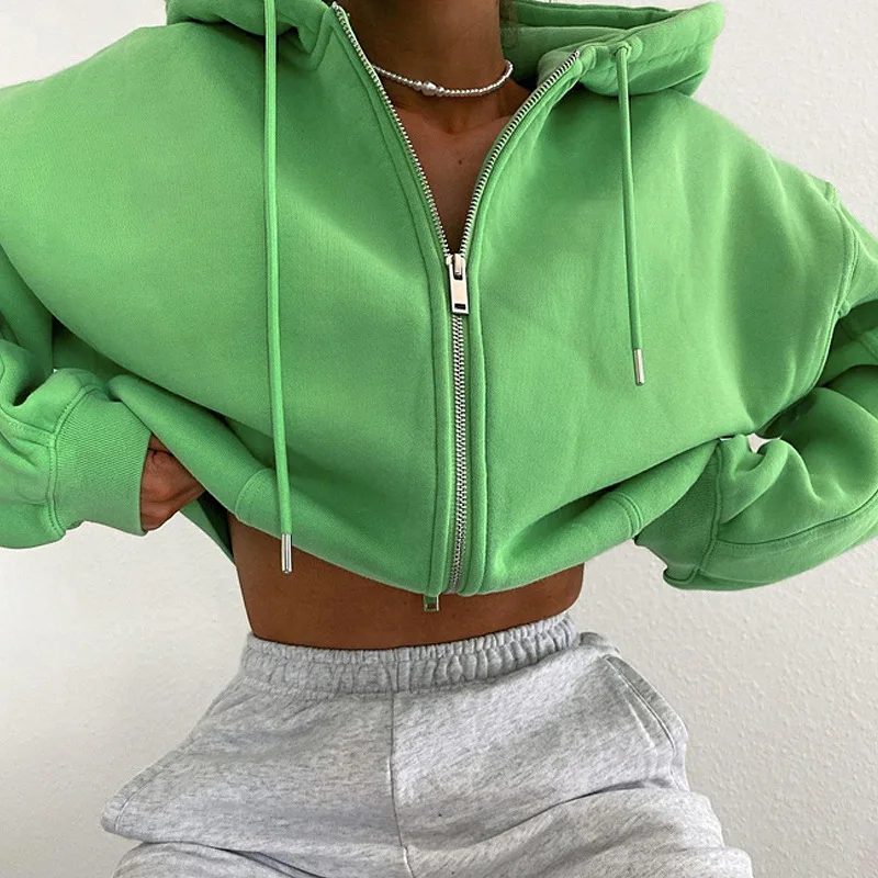 Wholesale 2021 Fall/Winter Women's Green Long Sleeve Hooded Zipper  Sweatshirt Jacket Loose Oversized Cropped Top Short Sweater From  m.alibaba.com