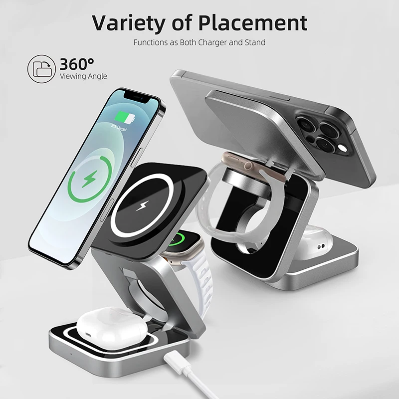 Foldable 15W Fast Magnetic 3 in 1 Wireless Charger Qi Cargador Inalambrico 3 En 1 Portable Wireless Adapter for Smartphone