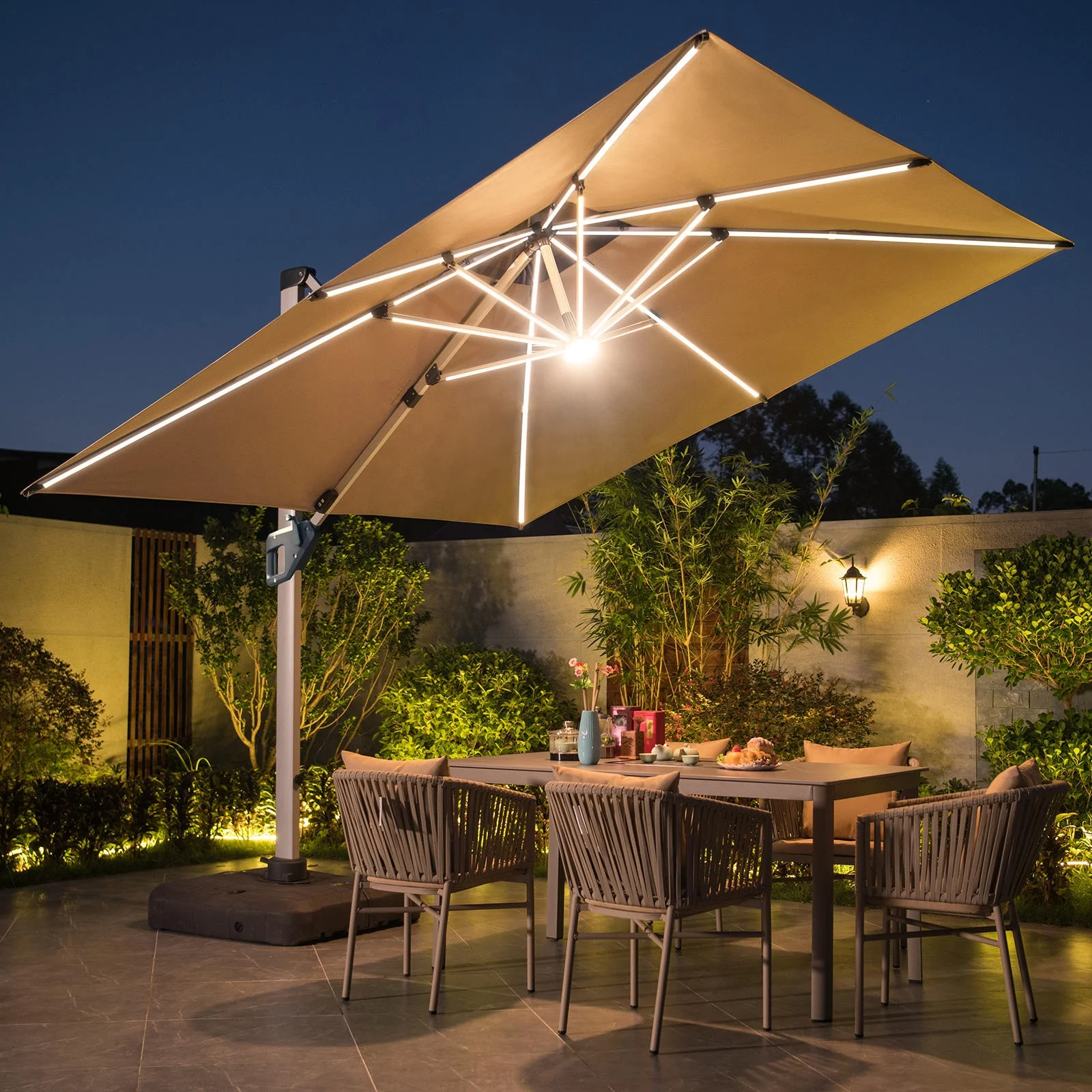 champagne patio umbrella 11ft Cantilever With Base Aluminum Outdoor Shade Durable Frame This umbrella comes with a heavy Champagne Pole]Double Poles Patent Solar