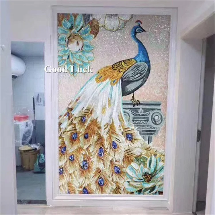 自作絵画 クジャク ハート 手作りの中国風孔雀、壁の装飾のための鳥のテーマアートモザイク