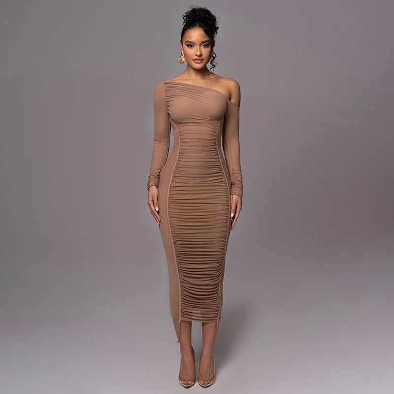 Liu Ming Spring Summer Collection Elegant Long Sleeved Vintage French Backless Bodycon Dress Ruched Empire Lace Breathable