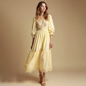 ZYHT 73111 Custom Women XL Vintage Midi Cotton Linen Dress Half Sleeve Lace Decoration Vacation Bohemian Dress for Ladies