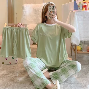 Wholesale Price Summer Lady's Pajamas Set Short Sleeve Trousers and Shorts Home Clothes Set