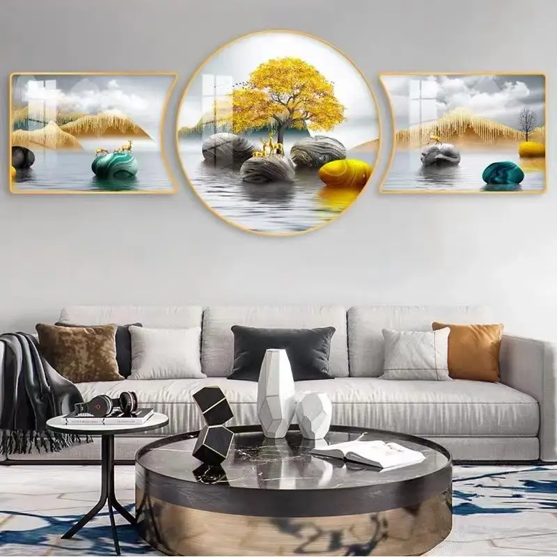 Modern Simple Living Room Decorative Triptych Crystal Porcelain Diamond Painting Sofa Background Wall Hanging Mural Wall Art