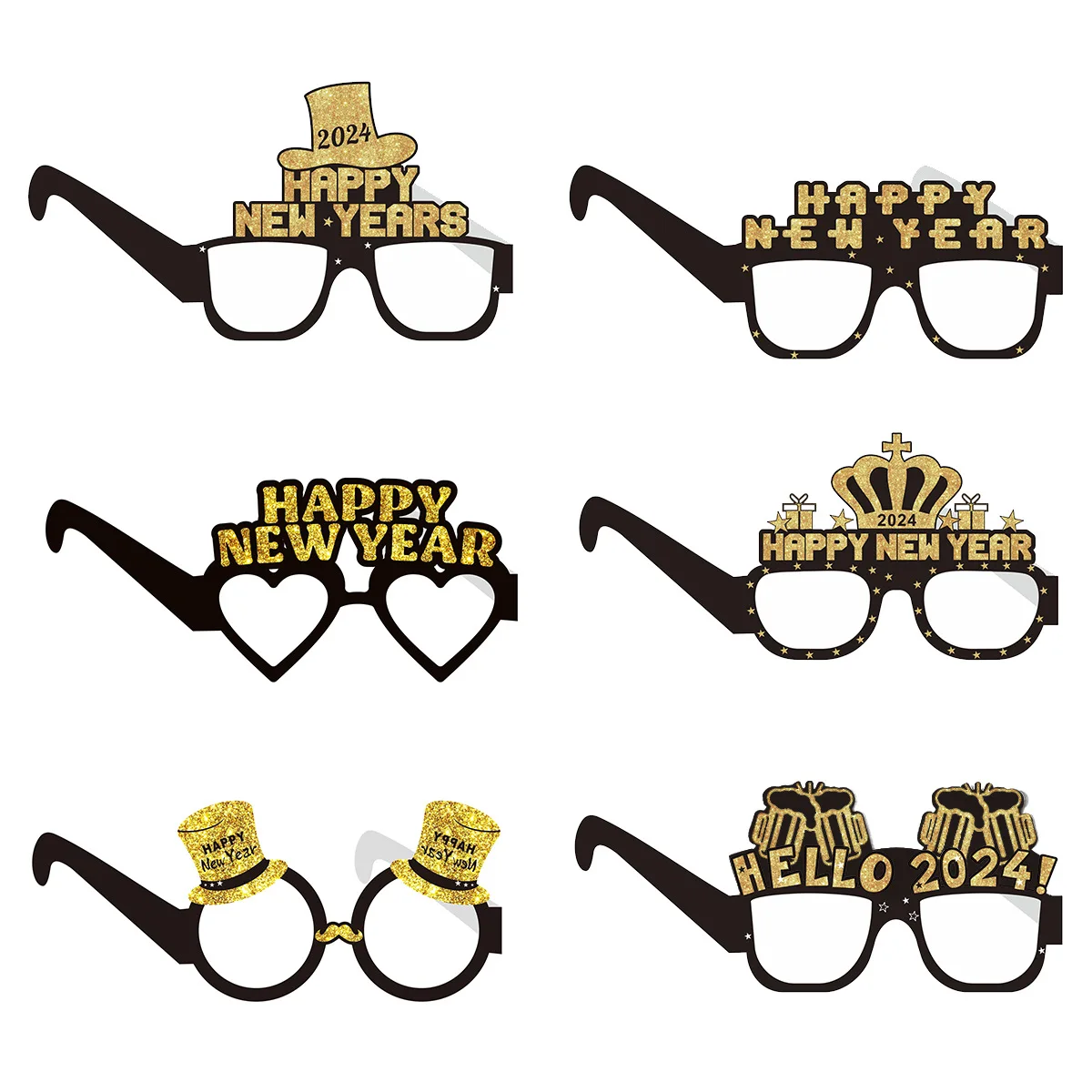 6Pcs Happy New Year Paper Glasses Frame Black Gold Photo Booth Props 2024  New Year Eve Decorations Christmas Party Supplies