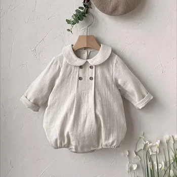Baby's Rompers Autumn New Style Linen Double-breasted Crew Neck Solid Color Long-sleeved Jumpsuit for Boys and Girls