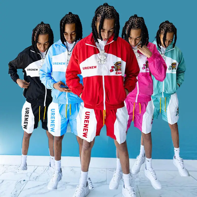 Custom Wholesale Casual 2 Piece Oversized Sweat Suits Sets Printed Zip up Polyester Jogger Mens Windbreaker Tracksuit Shorts Set gallery 3