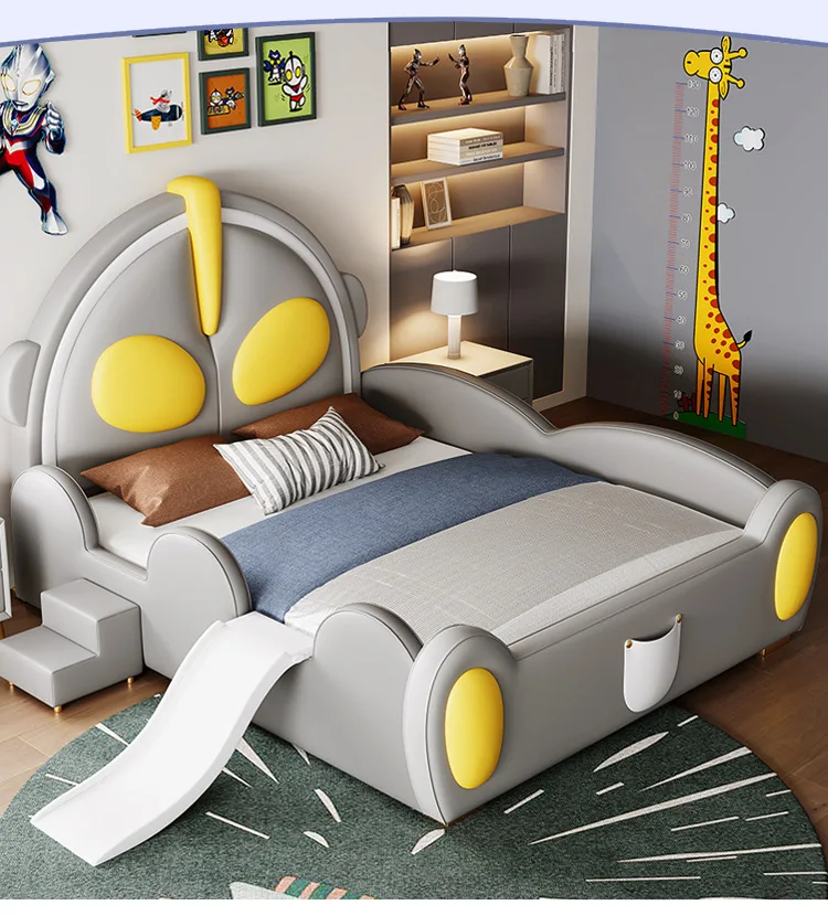 Ultraman Style Bed Solid Wood with Guardrail Soft Cover Headboard Slide Cartoon Castle Boy Leather Bed