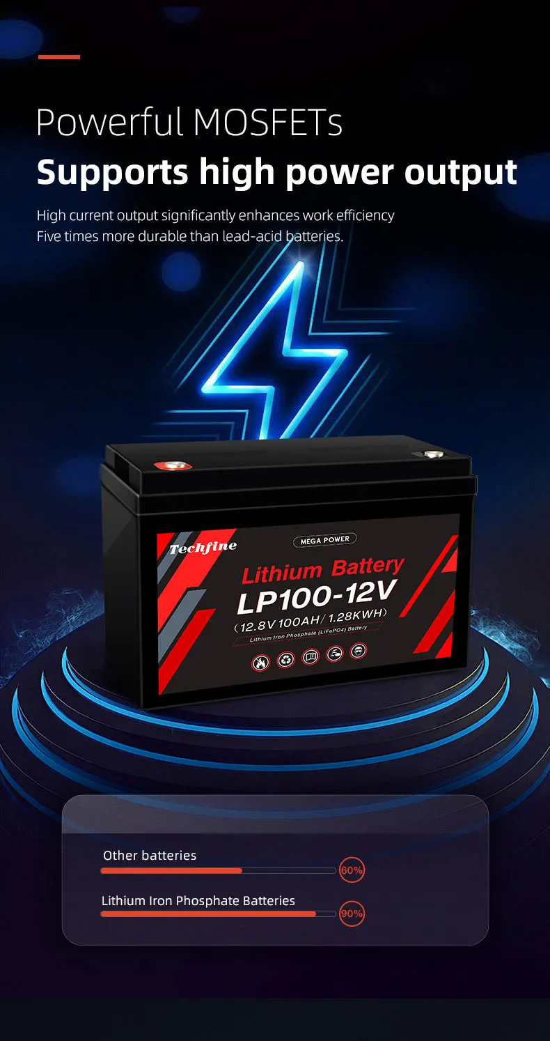 Techfine Lifepo4  Lithium Ion Battery 12V 50Ah 100Ah 200Ah Deep Cycle Battery for Ups Solar Street Lights Home Storage System