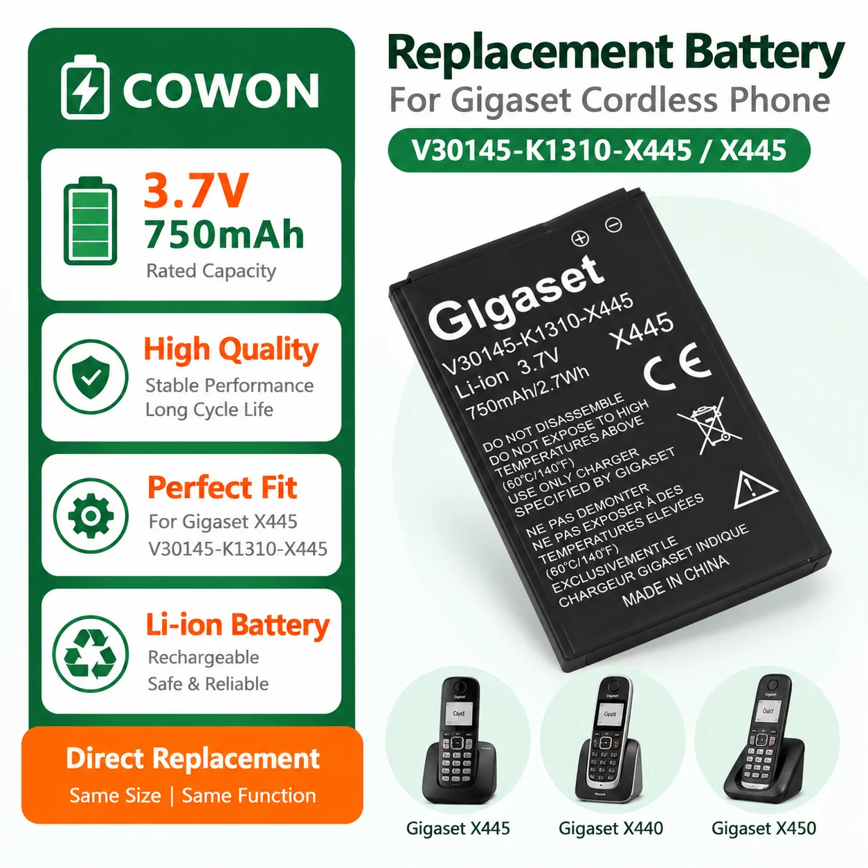 Lithium 3.7V 750mAh LI-ION Rechargeable V30145-K1310-X445 Lithium Ion Cordless Phone Battery for Gigaset X445