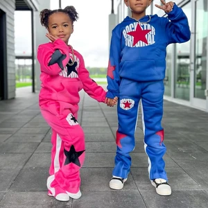 Custom Logo Distressed Applique Embroidery Sweatshirt Hoodie Tracksuit Kids Sportswear Tracksuit Sweatsuit Hoodie Sweatpants Set