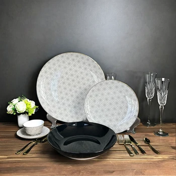 18PCS Porcelain Pad Printing Luxury Dinner Set Wholesale Price China Factory Pad Printing Dinnerware Sets  black and White Plate