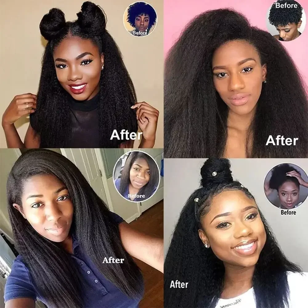 Clip In Kinky Straight Human Hair Extensions Clips In Extension Full Head Brazilian Clip on Curly #1B Hair Extension For Women_voghion.com