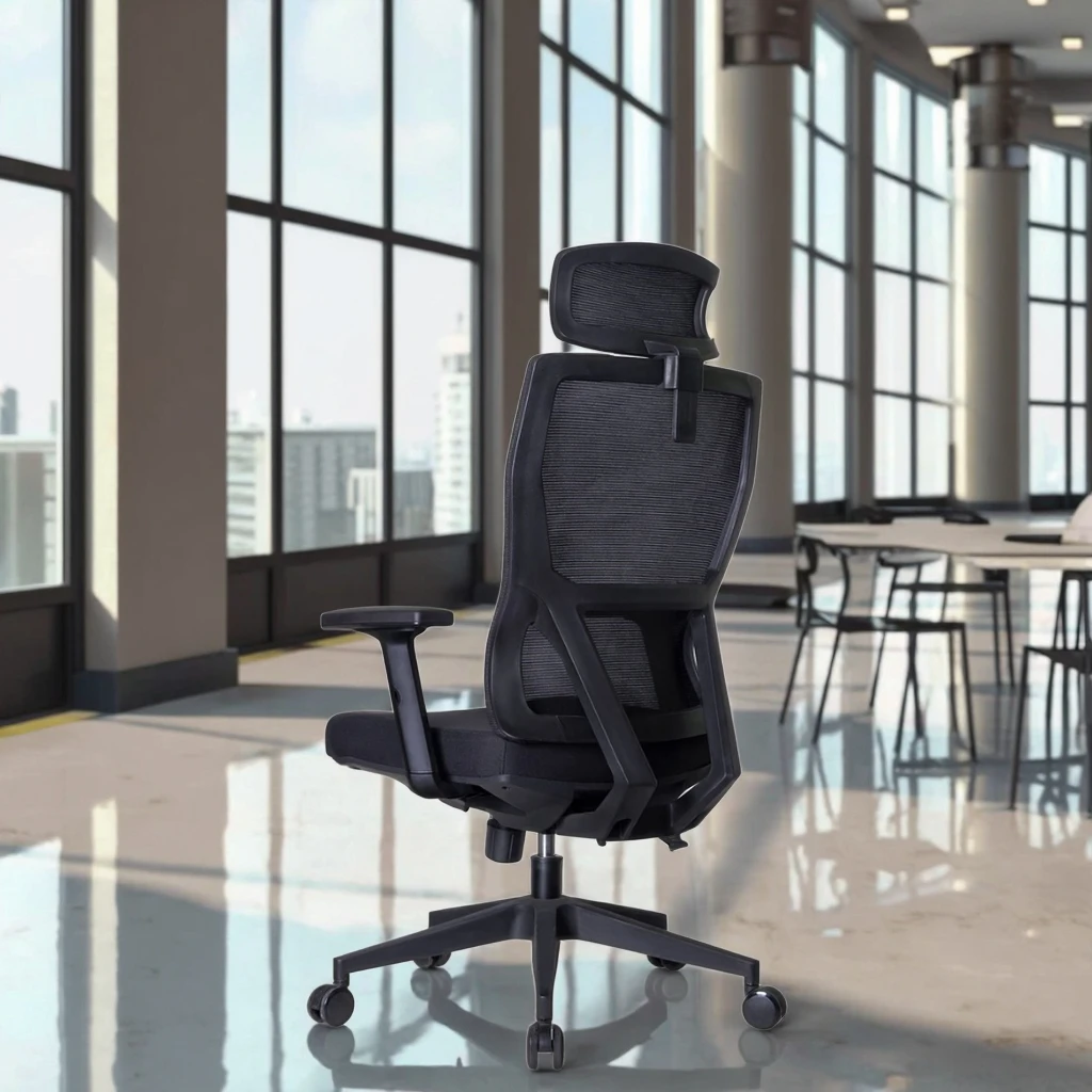 Modern Comfortable Ergonomic Mesh Executive Office Conference Chair Fixed Headrest Height Adjustable Thick Padded Seat 360 4