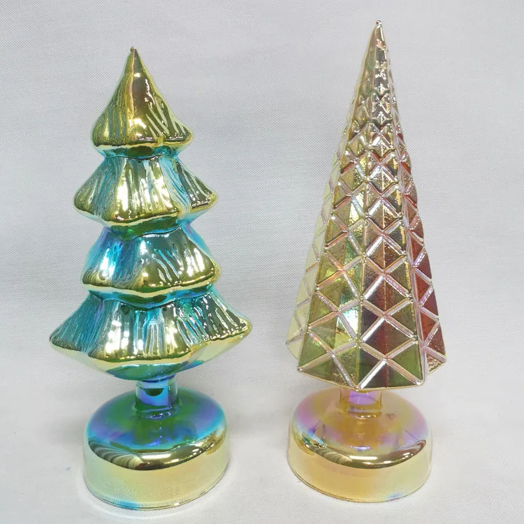 Vintage modern tabletop pre lit led lighted up mini green hand blown glass christmas tree decorative figurine set with lights manufacture