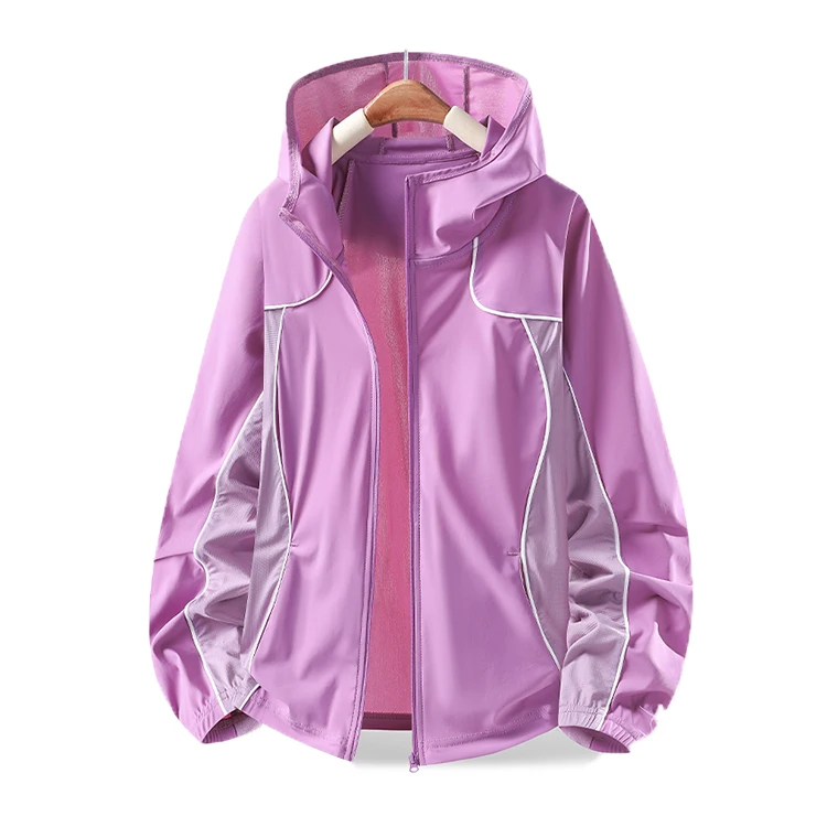 Color-blocked, UPF 50+ sun-protective, lightweight unisex zip-up jacket with full sleeves, 80% nylon and 20% spandex, hooded.