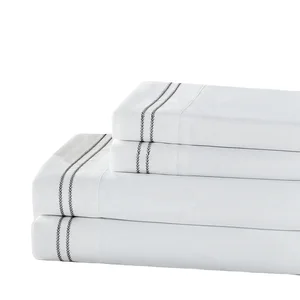 Customized Solid Color Embroidery Line Bed Linen 100% Cotton Hotel Bed Linen Fitted & Flat Sheets Sets