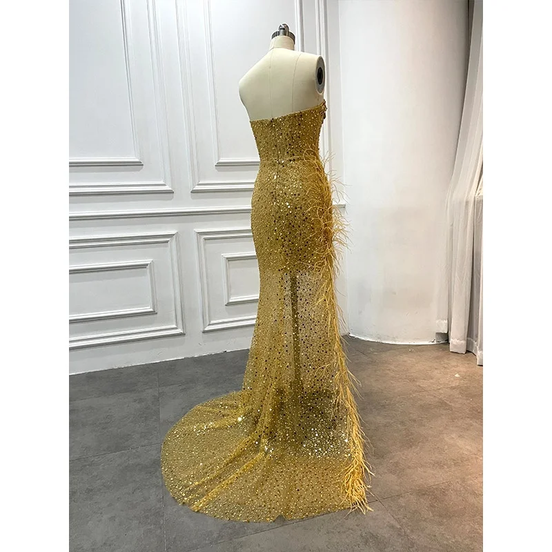 Custom Luxury High End Beaded Lace Crystals Champagne Gold Color Evening  Gown Women Long Sexy Feather Red Carpet Party Dresses