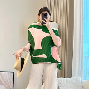 2026 Summer New Green Seven-Point Sleeve T-Shirt for Women Large Size Loose Top Printed Made Polyester Knitted for Mothers