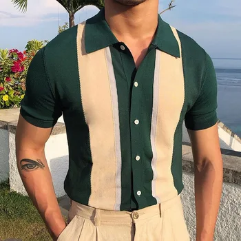 2022 Summer Men's Short-sleeved Knitted Casual POLO Shirts Contrast Color British Slim Lapel Ice Silk POLO Shirt Men Clothes