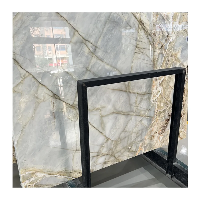 モダンデザインのグレーマーブルスラブ・鏡面仕上げ・天然ドロマイト・カルサイト素材・室内用ヴィラ施工対応・ホテル室内用途向け・1年保証