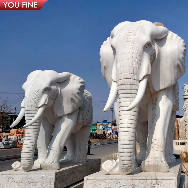 YOUFINE Carved White Marble Elephant Statue Entrance Decor for Garden Villa Commercial Building