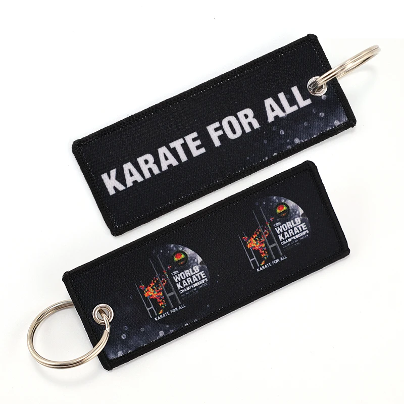 Customized Double-Sided Personalized Text Polyester Fabric Keychain with Zinc Alloy Casting Woven Patch and Digital Printing
