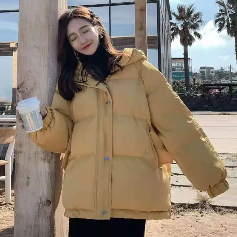 Korean Style Winter Women Down Jacket Oversize Loose Hooded Female Puffer  Jackets Short Padded Solid Womens Down Coat - Beige,M
