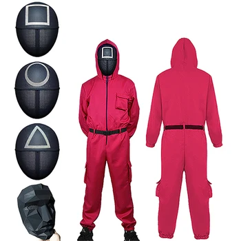 Kids and Adult Full Face Korean TV Role Mask Party Halloween Jumpsuit Game Costumes with Belt Gloves