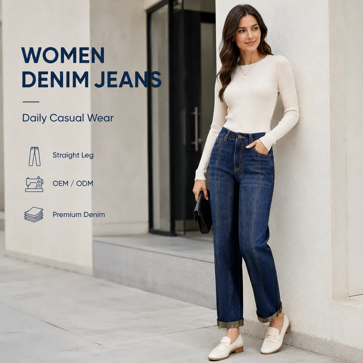 Women's Marine Plazzo Denim Pants High Waist Loose Fit Casual Party All Season