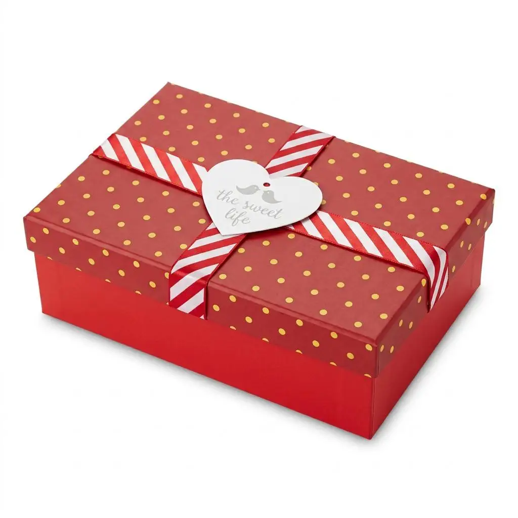 Wholesale Custom Logo Two-Piece Rigid Cardboard Gift Box Red Gold Polka Dot Ribbon Jewelry Packaging Recycled Materials