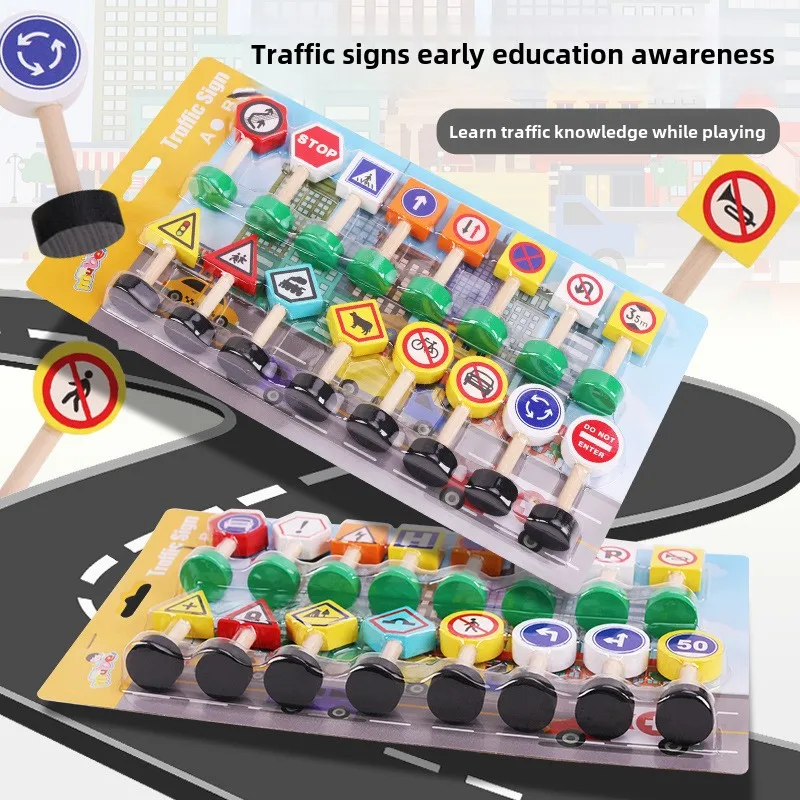 Montessori Education Play Set Kids Wooden Traffic Sign Cognitive Blocks Wood Toys for Cognitive Learning Street Signs Play