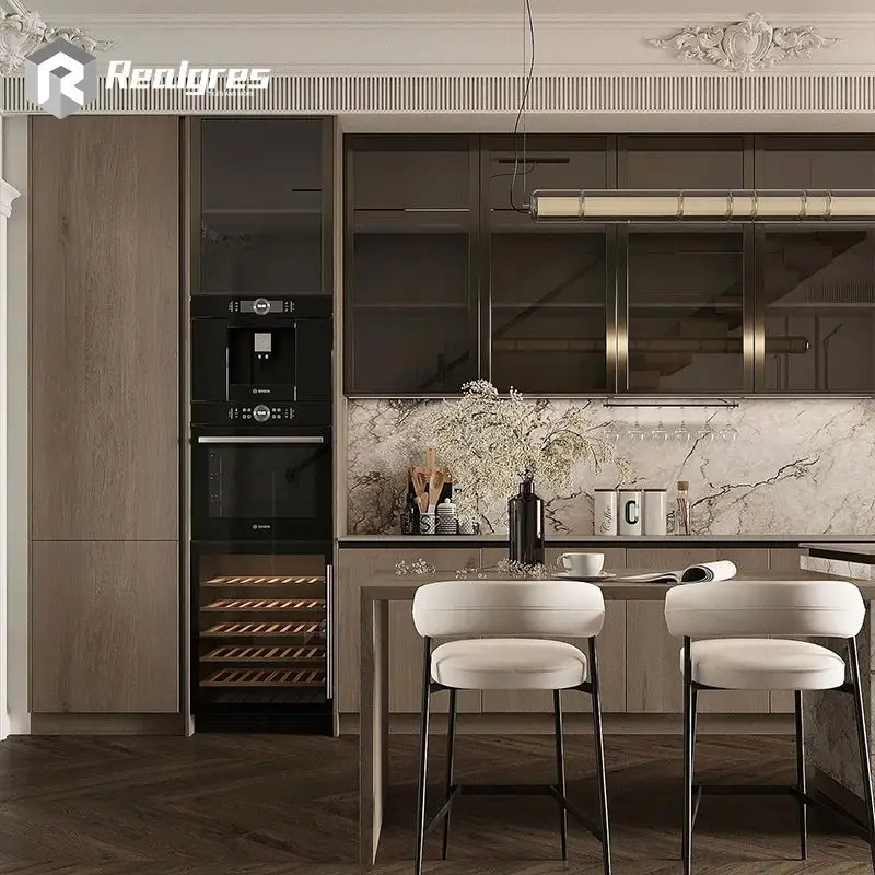 Realgres Modern Simple Designs Built in Kitchen Hanging Cabinets Customized Durable Black Lacquer Kitchen Units Set Furniture