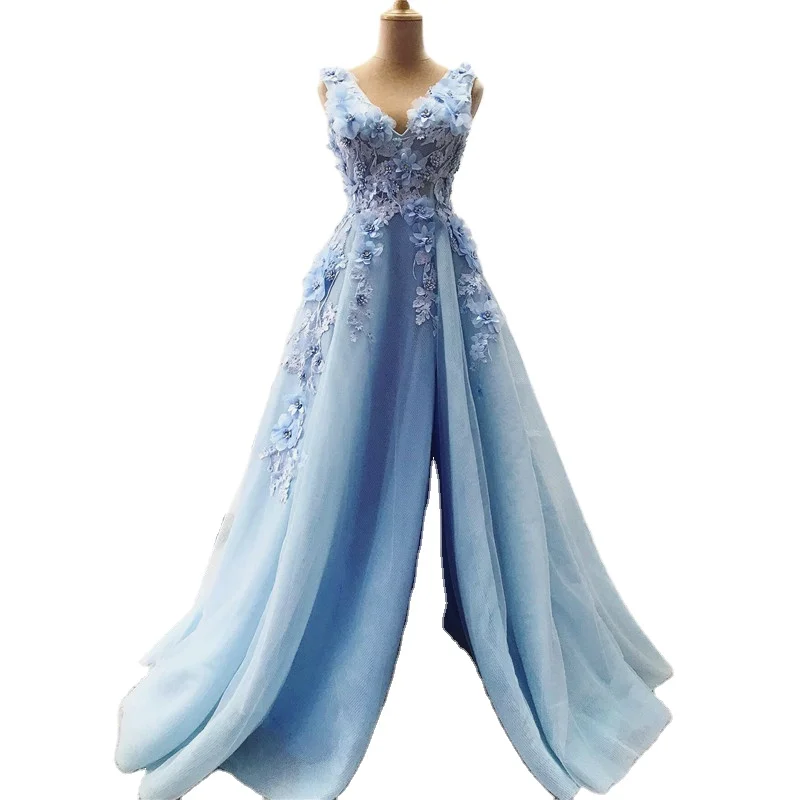 Blue a Line Long Evening Prom Dresses Open Slit Serene Hill LA60867 V Neck Sleeveless Party Gowns for Women